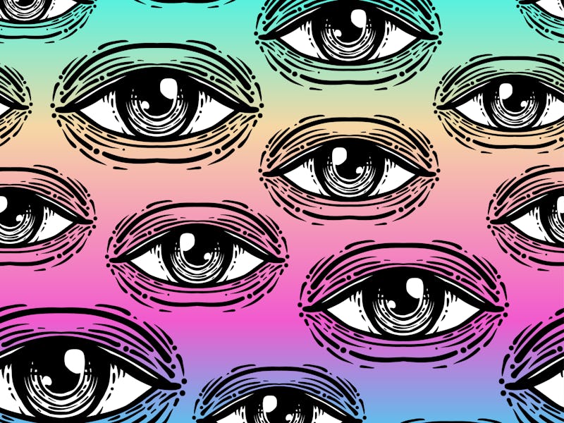 Eye, seamless pattern over colorful retro 80s, 90s abstract background. Vintage psychedelic design f...
