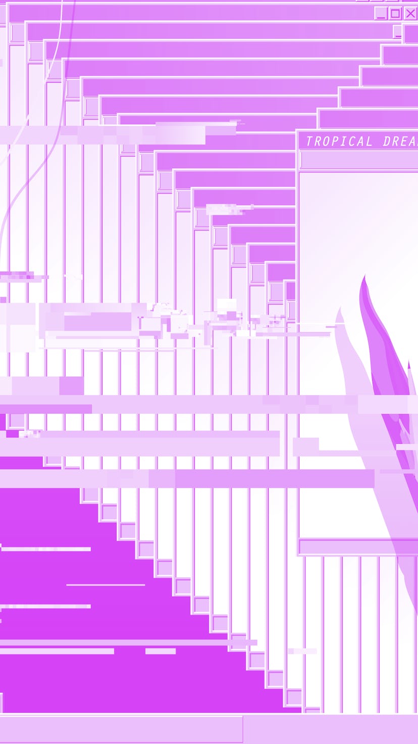 Operation system desktop display glitch and error with tropical bird of paradise flower, vaporwave n...