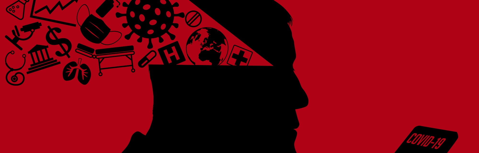 A man's silhouette is seen against a red background. His brain is open with various things coming ou...