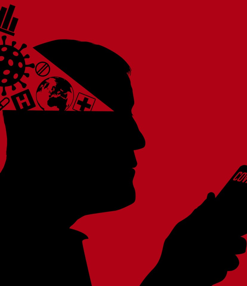 A man's silhouette is seen against a red background. His brain is open with various things coming ou...