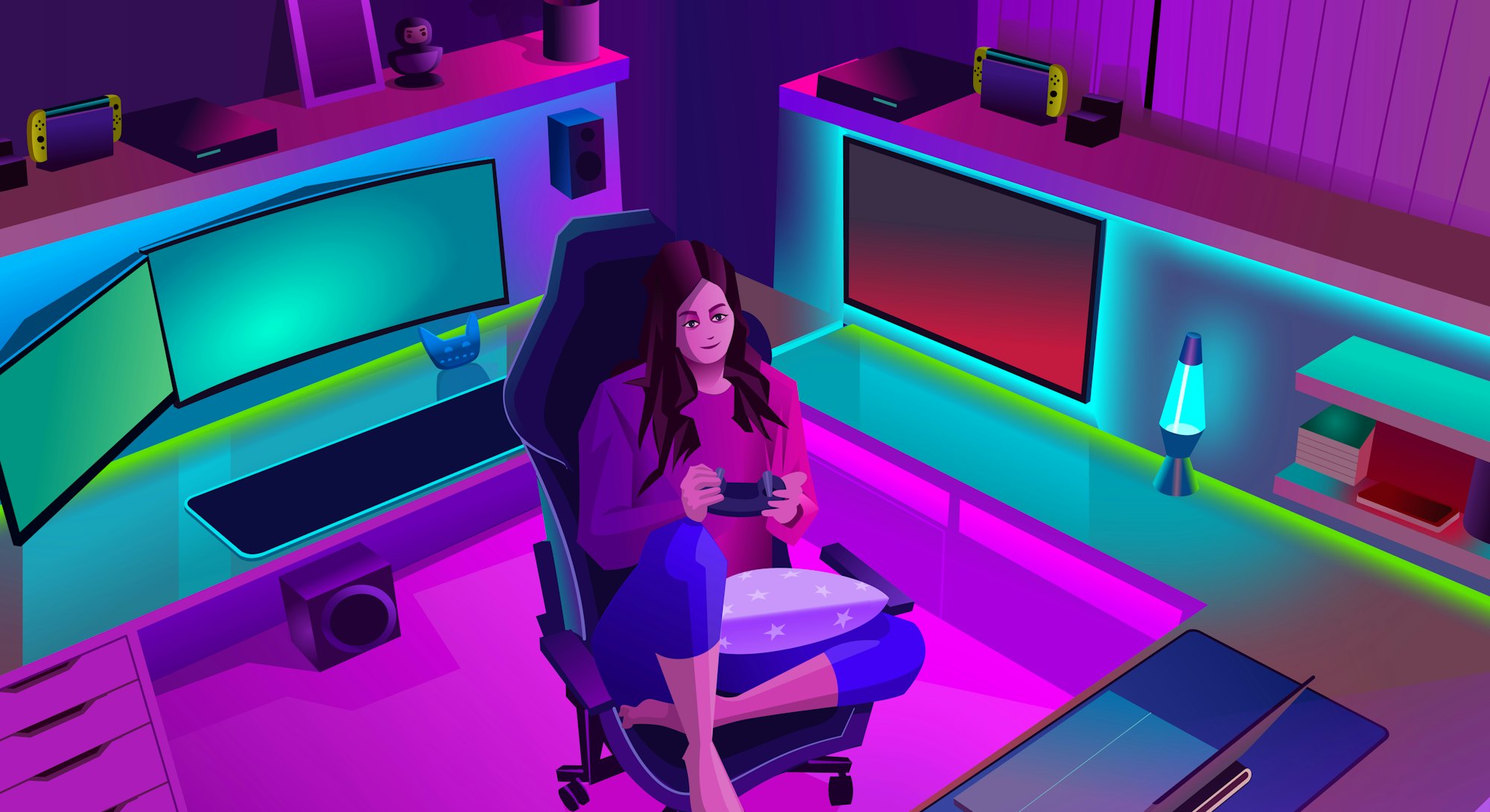 Staying at home during the pandemic playing video games. A girl sits on a gaming chair at a desk pla...