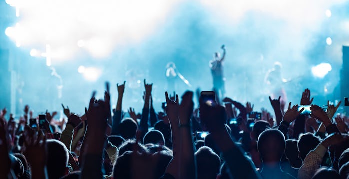 Rear back view of audience crowd people fans raising hands enjoying live music festival concert even...