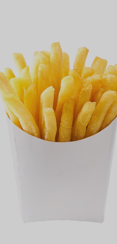 French fries in a white paper box isolated on white background. Front view. french fries in a paper ...