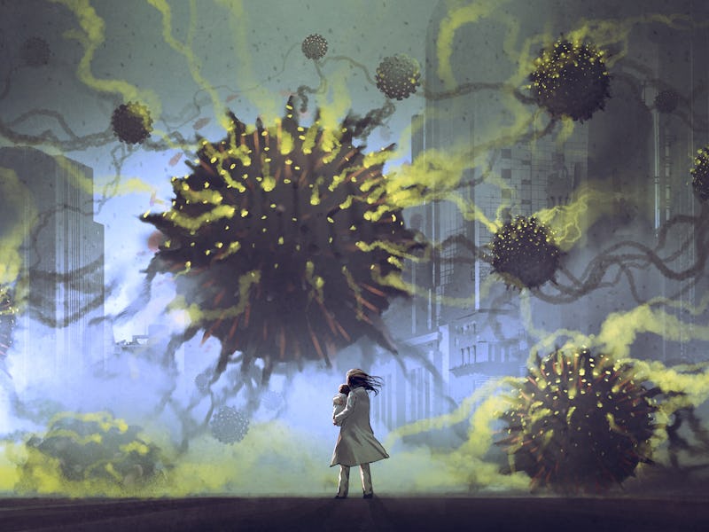 alien virus invasion concept, mother and her baby facing black sphere aliens in the city, digital ar...
