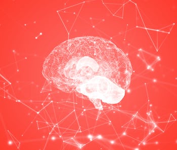 Human brain being formed by particles. Plexus structure evolving around. Blue abstract futuristic sc...