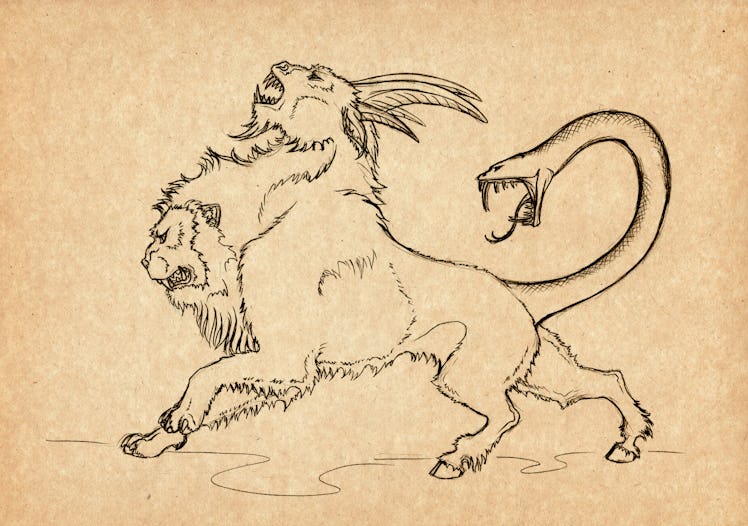 Illustration with hand-drawn chimera. Mystical creature and legendary beast. Ancient Greek myths and...