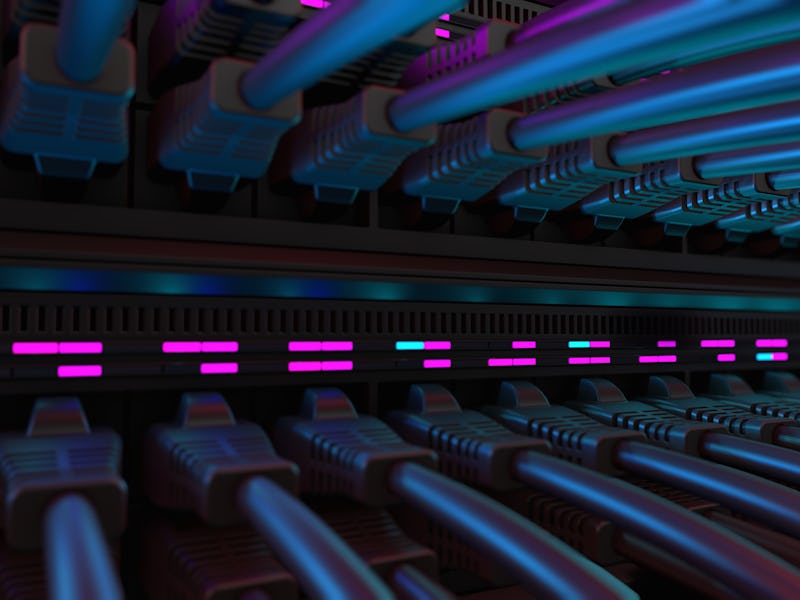 Close-up View of Modern Internet Network Switch With Plugged Ethernet Cables. Blinking Lights on Int...