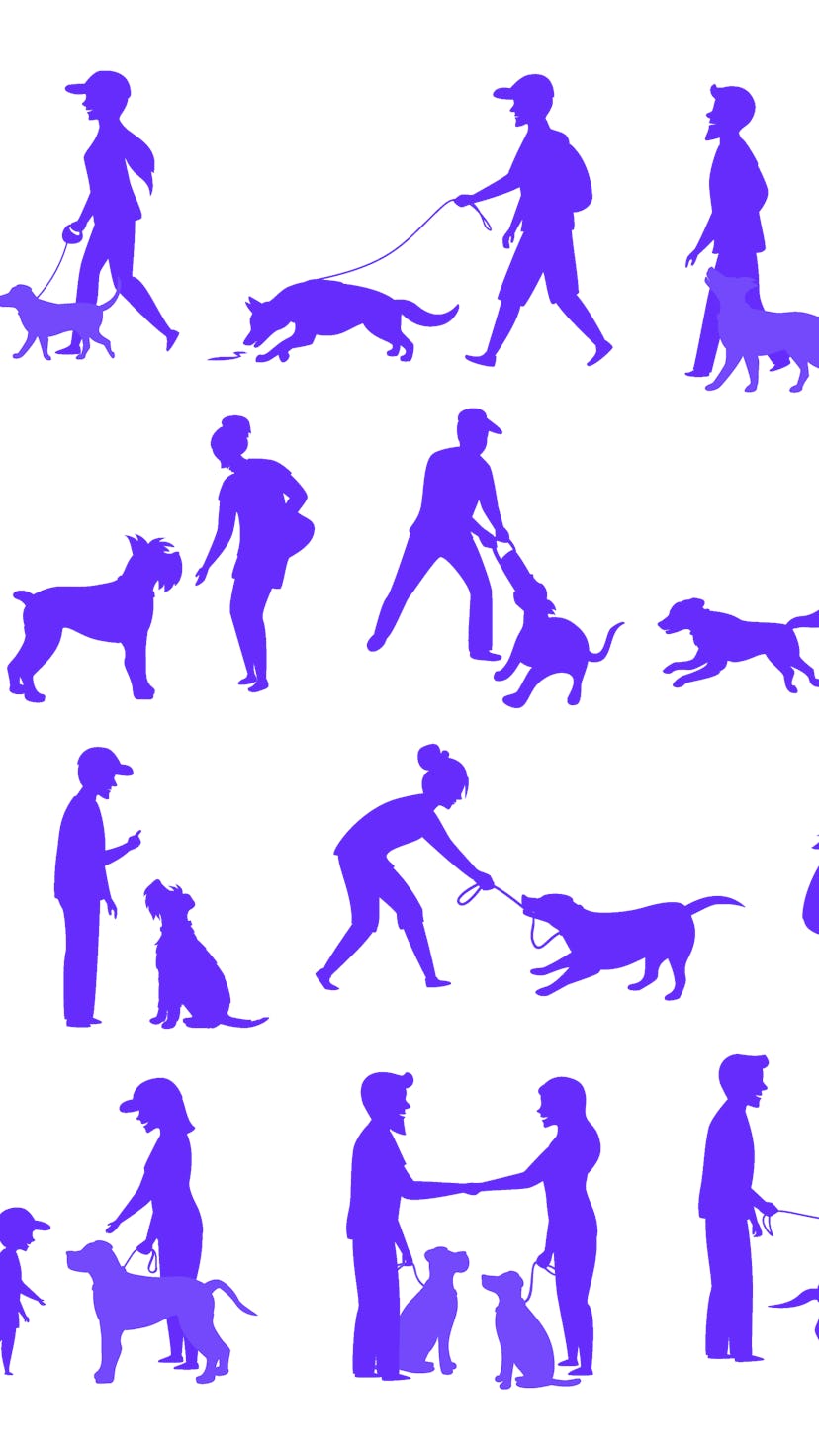 people with dogs silhouettes graphic set.man woman training their pets basic obedience commands like...