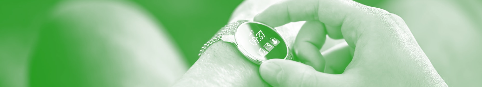 Smart watch, wearable gadget. Man wearing hybrid smartwatch. Wearables with digital touchscreen and ...