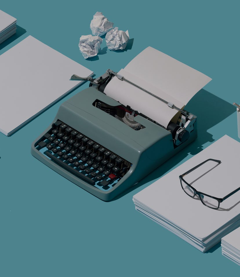 Vintage typewriter's header and piles of blank sheets, old-timey writer and blogger concept, isometr...