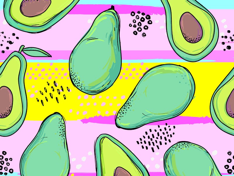 Seamless vector pattern with avocado on colorful background. Hand drawing summer print
