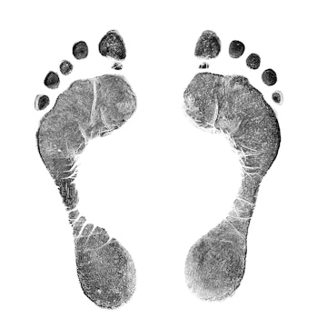 Black prints of feet on transparent paper. Black footprint. Isolated on white.