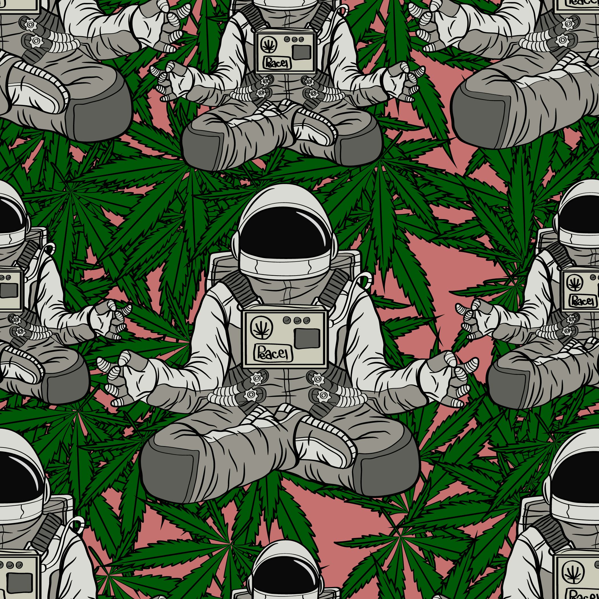 Seamless pattern Astronaut meditation with cannabis background pink