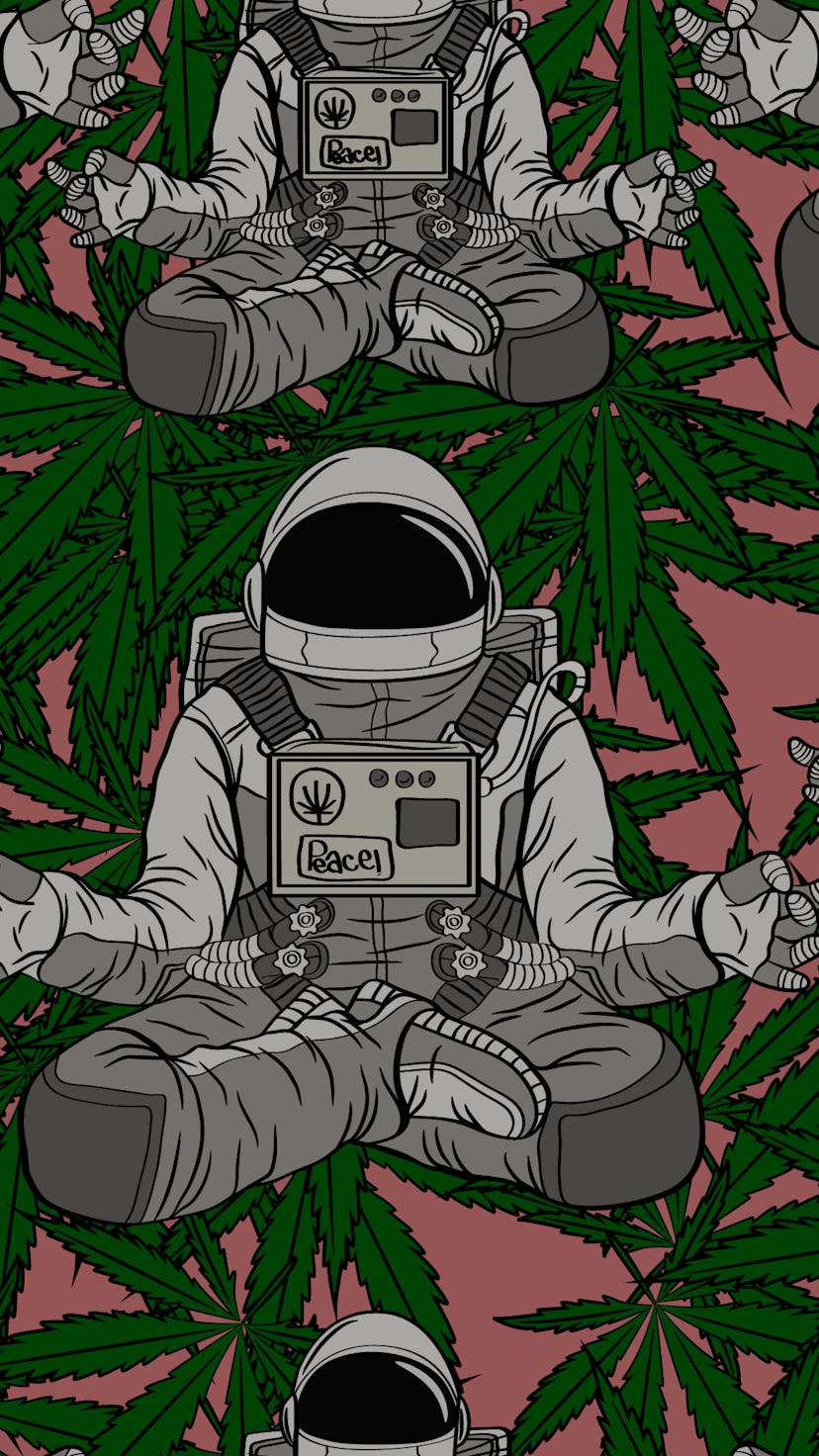 Seamless pattern Astronaut meditation with cannabis background pink