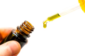 Hand holding bottle of Cannabis oil in pipette isolated on white