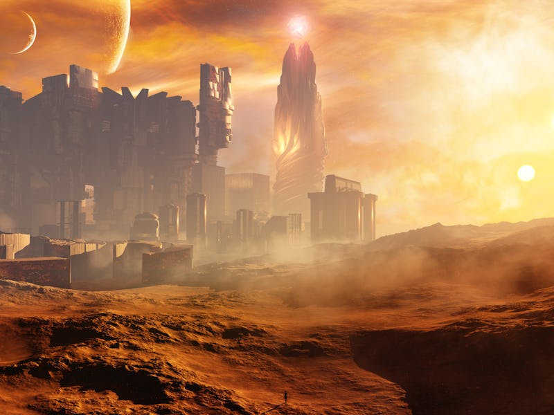 3D rendering of a majestic science fiction concept city with epic celestial sky environment during a...