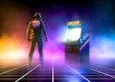 Cyberpunk biker watch an 80s arcade videogame on a grid pattern floor on synthwave atmosphere with f...