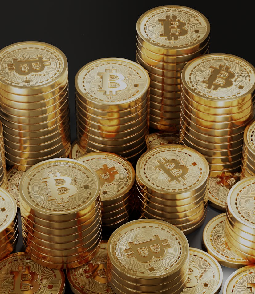 A Lot Of Bitcoin Crypto currency Gold Bitcoin BTC Bit Coin. Close up shot of Bitcoin coins isolated ...