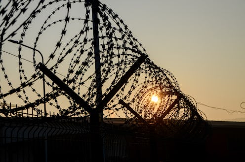 Close-up of sharp razor wire fence at sunset. Barbed tape. Rusty metal barbered wire on jail. Concep...