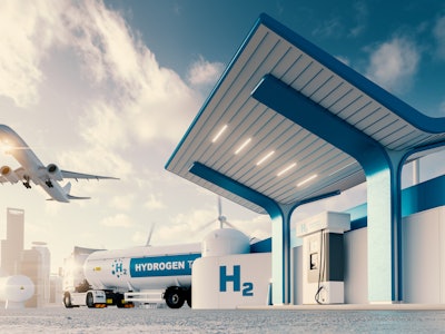Future of hydrogen energy. Hydrogen gas station with truck, jet and city in the background. 3d rende...