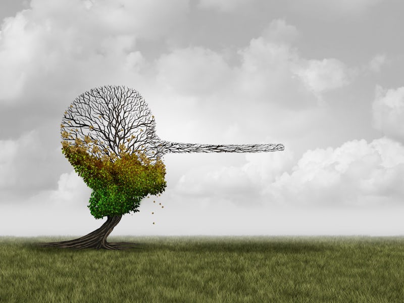 Climate change denier concept as a dying sick tree shaped as a human head with a long nose as an env...