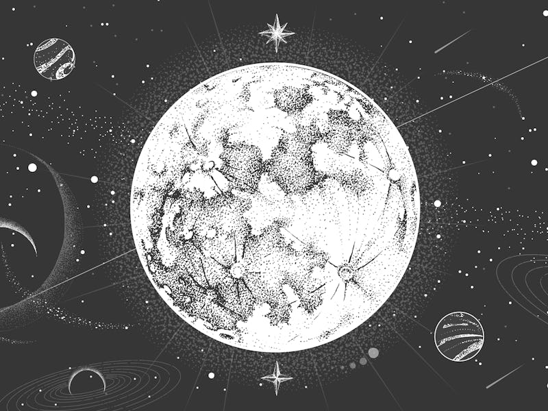 Modern magic witchcraft card with astrology moon on outer space background. Realistic hand drawing f...