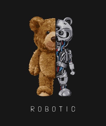 bear toy half robot illustration on black background