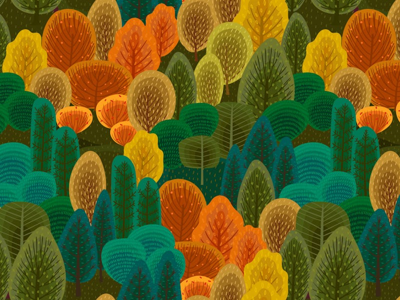 Abstract seamless pattern with autumn forest. Vector background for various surface. Trendy hand dra...