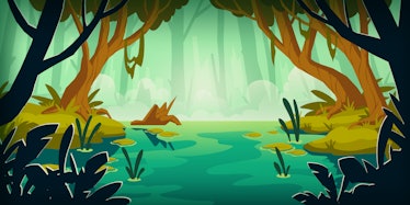 Swamp in tropical forest. Landscape with marsh, water lilies, trees trunks and bog grass. Vector car...