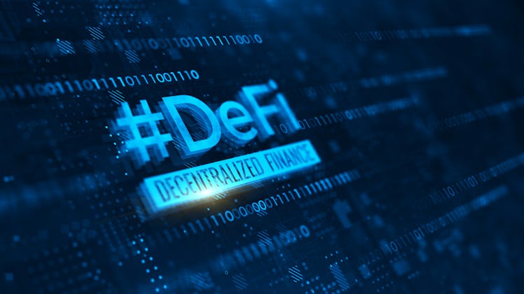 DeFi -Decentralized Finance on dark blue abstract polygonal background. Concept of blockchain, decen...