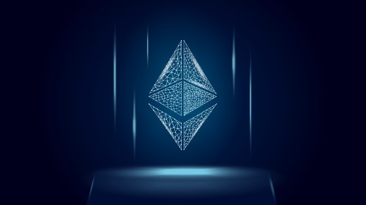 Ethereum ETH cryptocurrency token symbol, coin icon on dark polygonal wireframe background. Digital ...