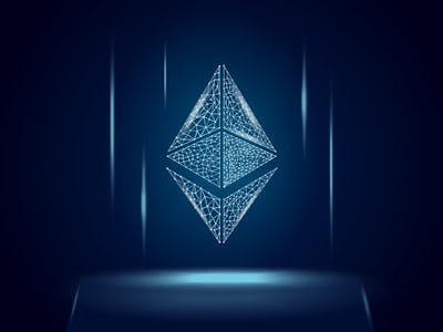 Ethereum ETH cryptocurrency token symbol, coin icon on dark polygonal wireframe background. Digital ...