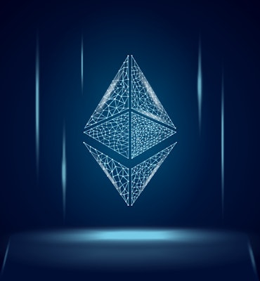 Ethereum ETH cryptocurrency token symbol, coin icon on dark polygonal wireframe background. Digital ...