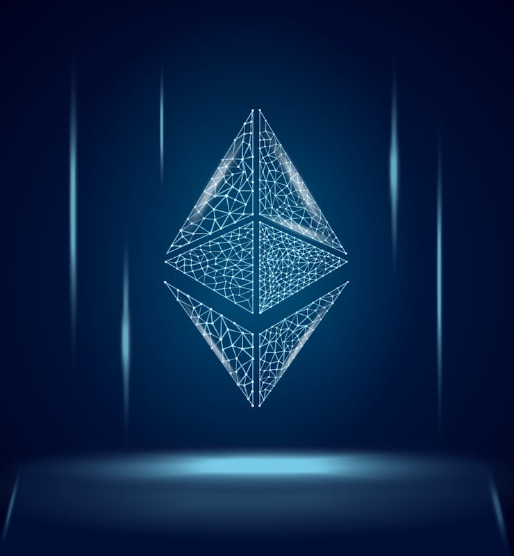 Ethereum ETH cryptocurrency token symbol, coin icon on dark polygonal wireframe background. Digital ...