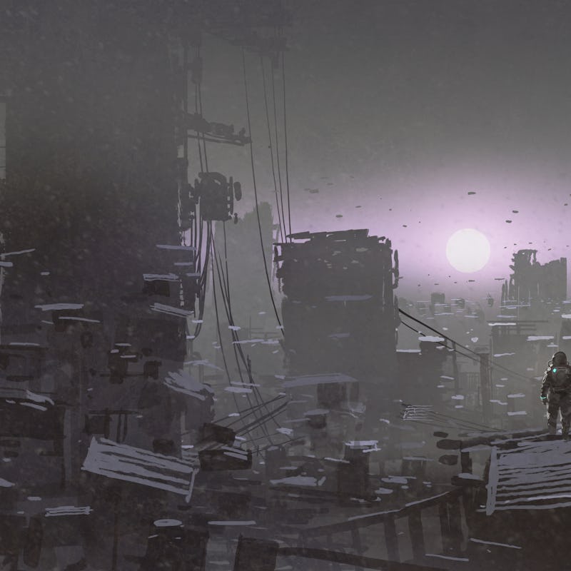 man looking at sunset on a rooftop of the building in the post-apocalyptic world, digital art style,...