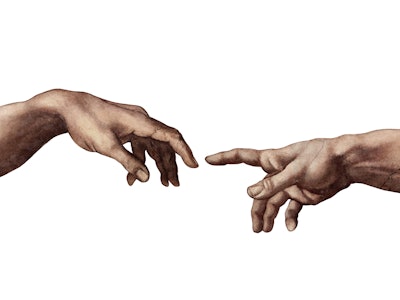 Reaching hands from The Creation of Adam of Michelangelo illustration reproduction isolated on white...
