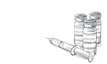 2019-ncov Covid-19 Coronavirus vaccine vials medicine bottles syringe vector drawing. Hand drawn dru...