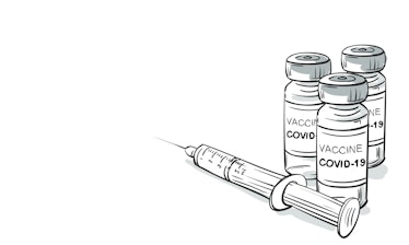 2019-ncov Covid-19 Coronavirus vaccine vials medicine bottles syringe vector drawing. Hand drawn dru...