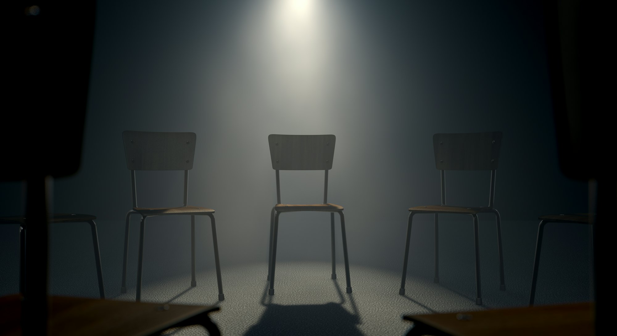 A 3D render concept of a group of chairs in a circular formation with one chair highlighted by a sin...