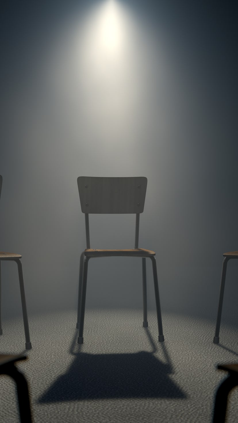 A 3D render concept of a group of chairs in a circular formation with one chair highlighted by a sin...