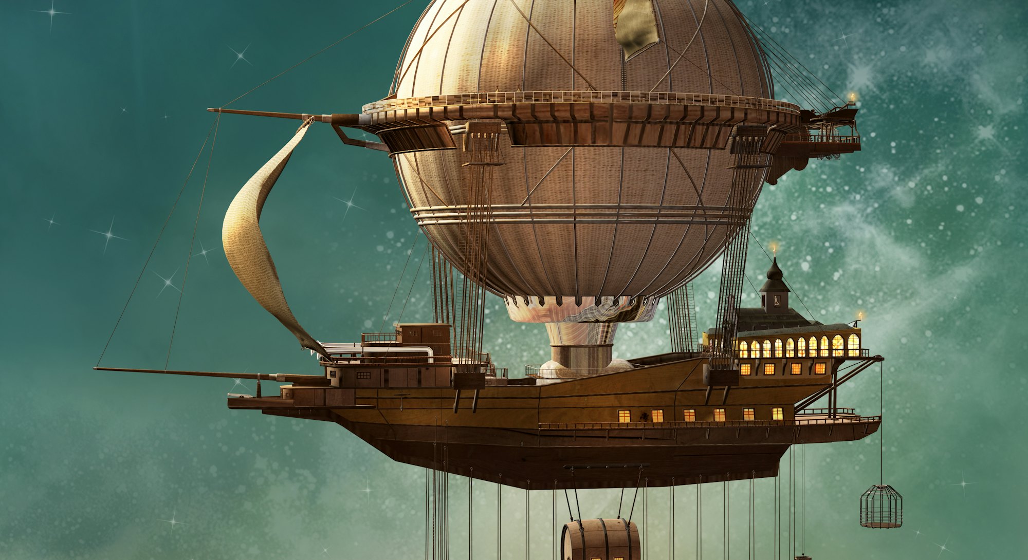 Steampunk hot air balloon - 3D illustration