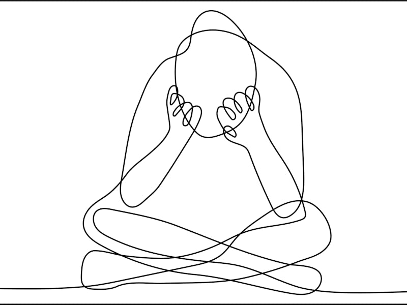 Continuous line drawing of very sad man sitting alone with headache touching forehead on white backg...