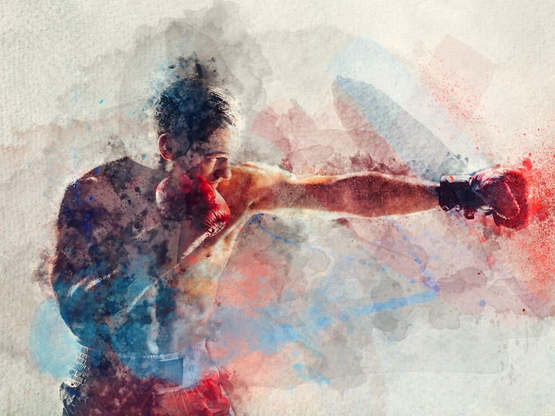 Watercolor painting of boxer striking a blow. Professional sport. Fighting.