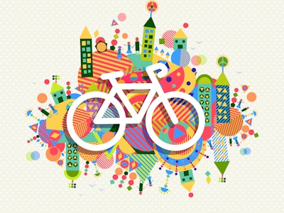 Go green bike concept poster design. Vibrant colors geometric eco environment shapes with bicycle ou...