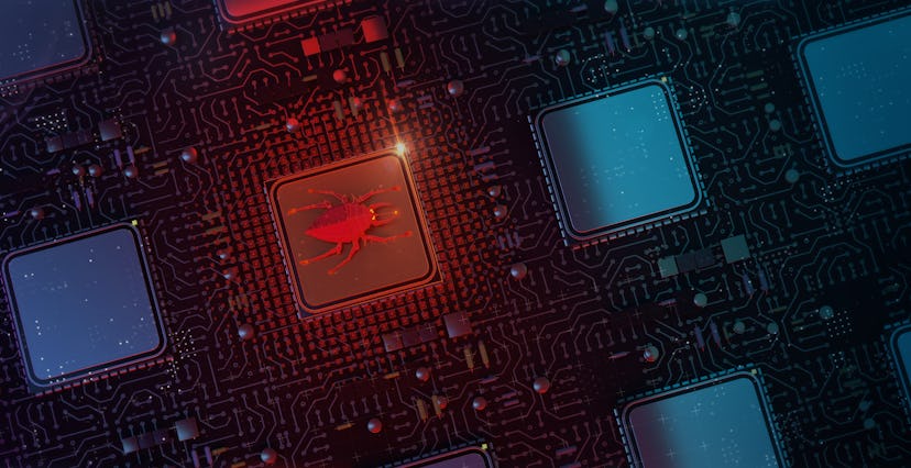 red glowing compiter bug on infected chip in cyberspace 3d redner. spyware, malware, virus trojan, k...