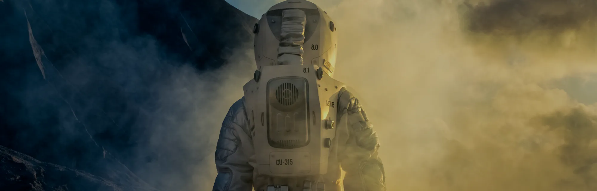 Courageous Astronaut in the Space Suit Explores Mysterious Alien Planet Covered in Mist. Adventure. Space Travel, Habitable World and Colonization Concept.