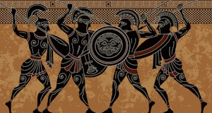 Ancient greece warrior.Black figure pottery.Ancient greek scene banner.Hero,spartan,myth.Ancient civ...