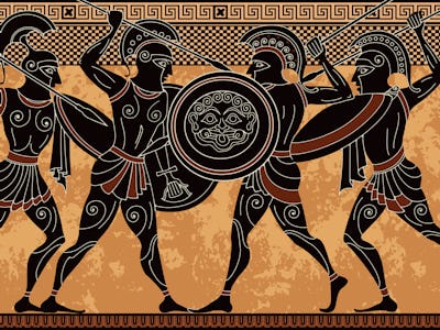 Ancient greece warrior.Black figure pottery.Ancient greek scene banner.Hero,spartan,myth.Ancient civ...