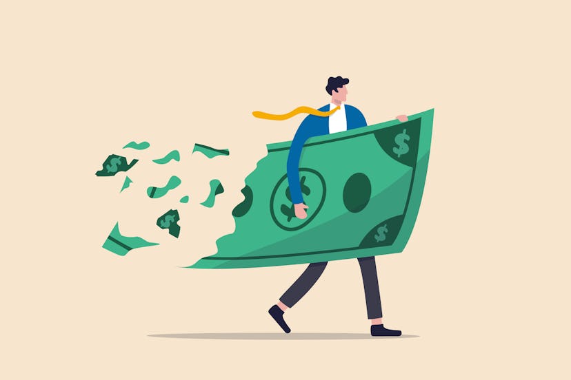 An illustration of a man carrying a giant dollar bill that is dissolving at one end