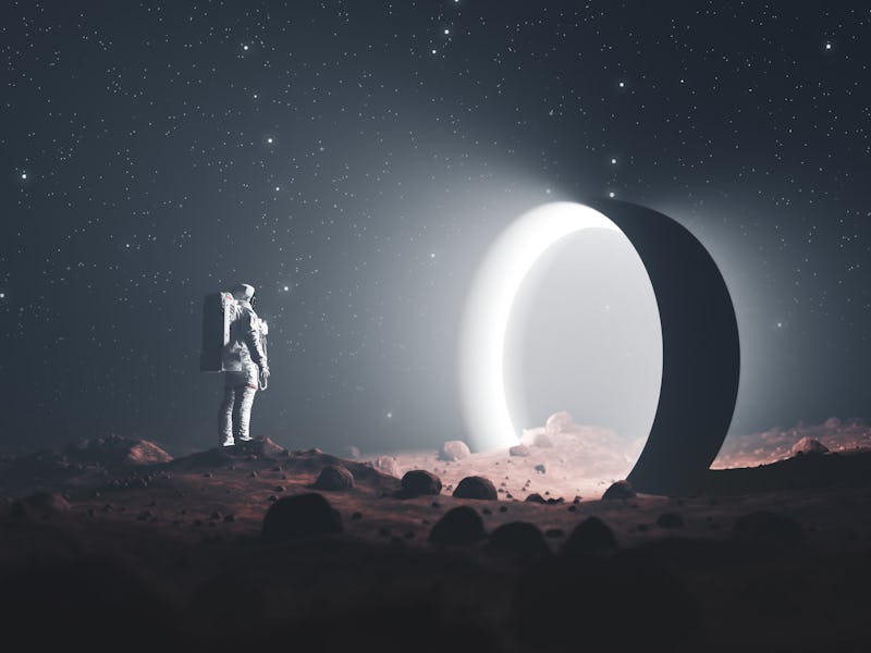 Astronaut on foreign planet in front of spacetime portal light. Science fiction universe exploration...